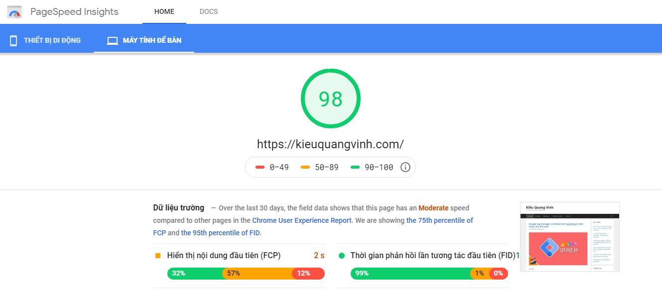 98 điểm tối google pagespeed insights